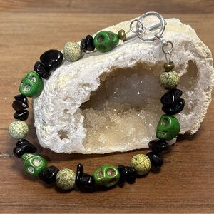 Halloween Bracelet, Serpentine, Black Obsidian chips, Calcite